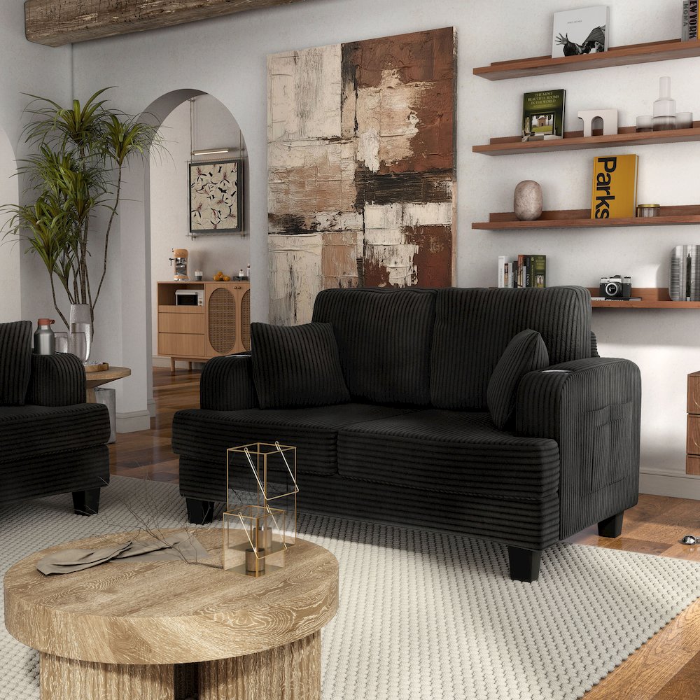 Reese Chenille Loveseat with Cup Holders, Black