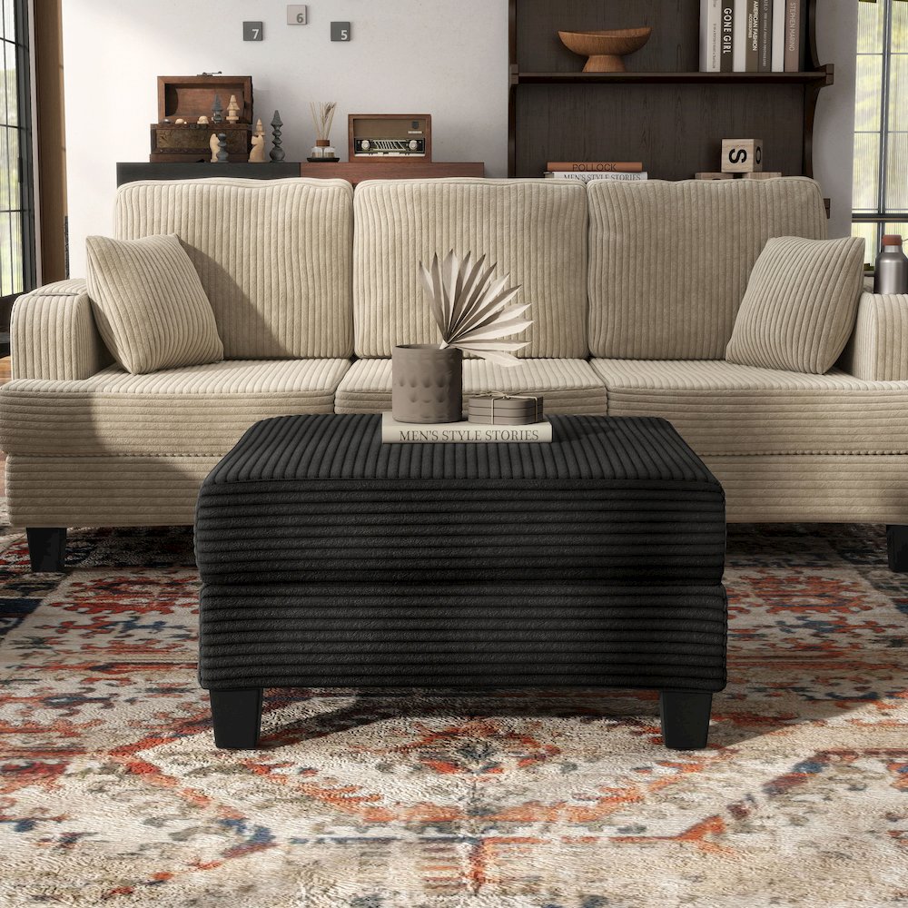 Reese Wood Frame Chenille Storage Ottoman, Black