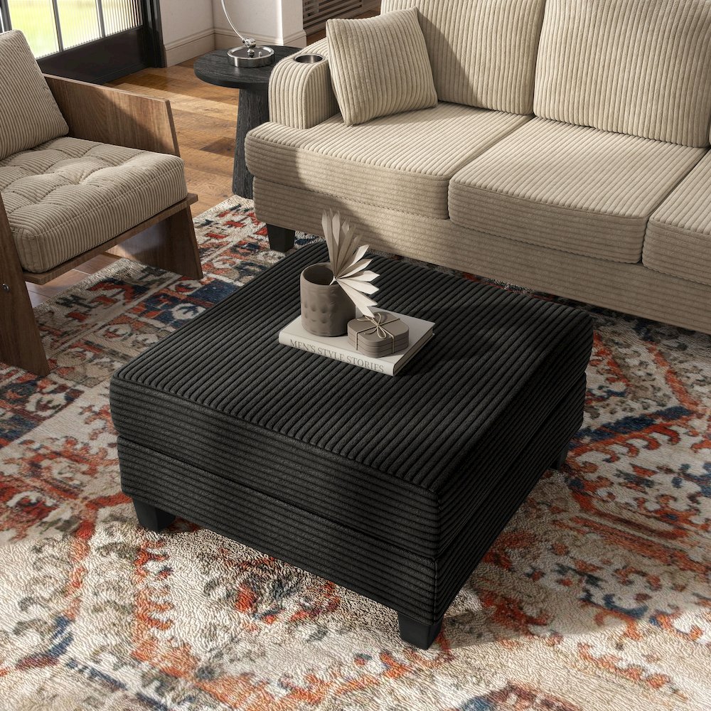 Reese Wood Frame Chenille Storage Ottoman, Black