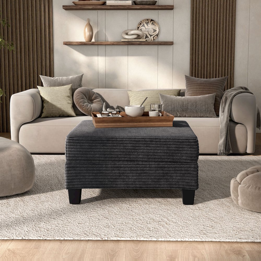Reese Wood Frame Chenille Storage Ottoman, Grey