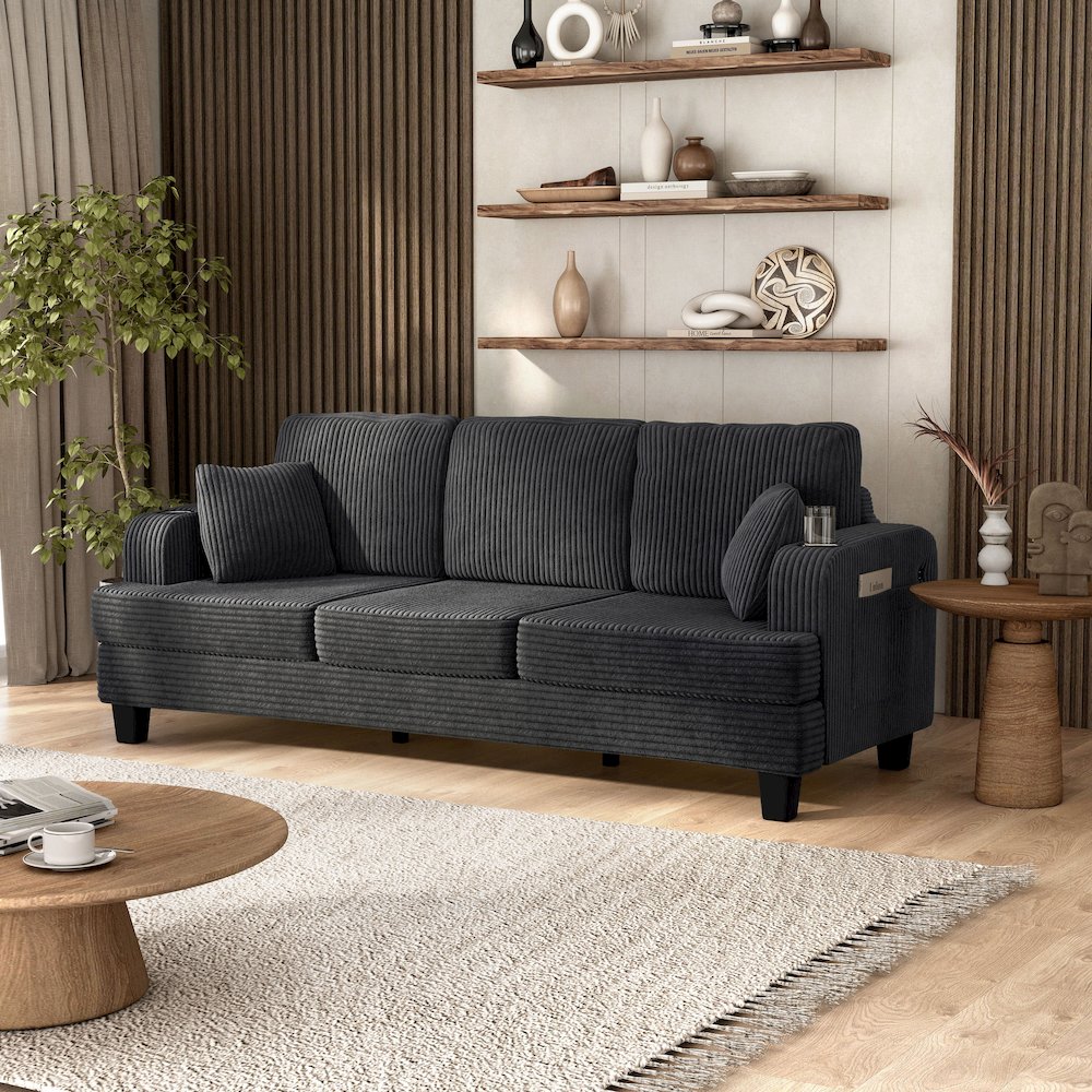 Reese Chenille Sofa with Cup Holders and USBs, Grey