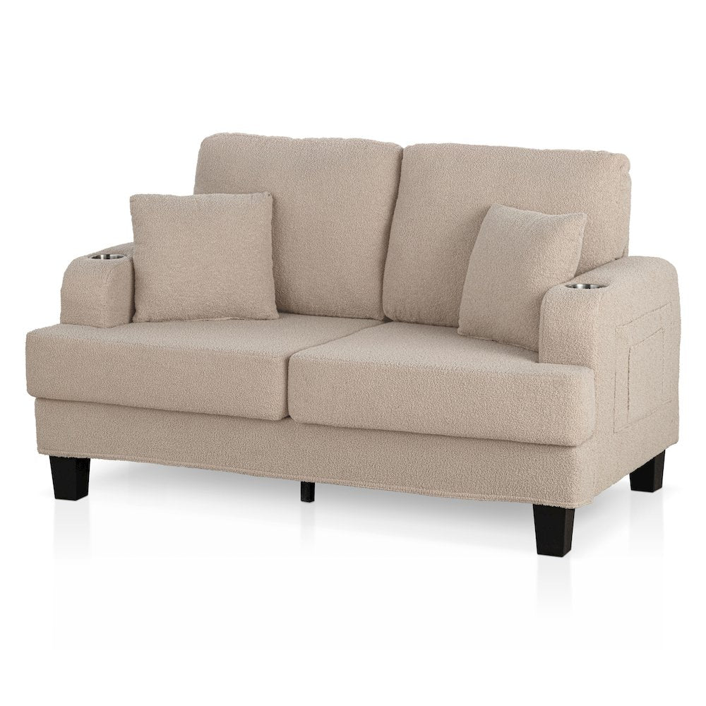 Reese Wood Frame Fabric Loveseat with Cup Holders, Beige