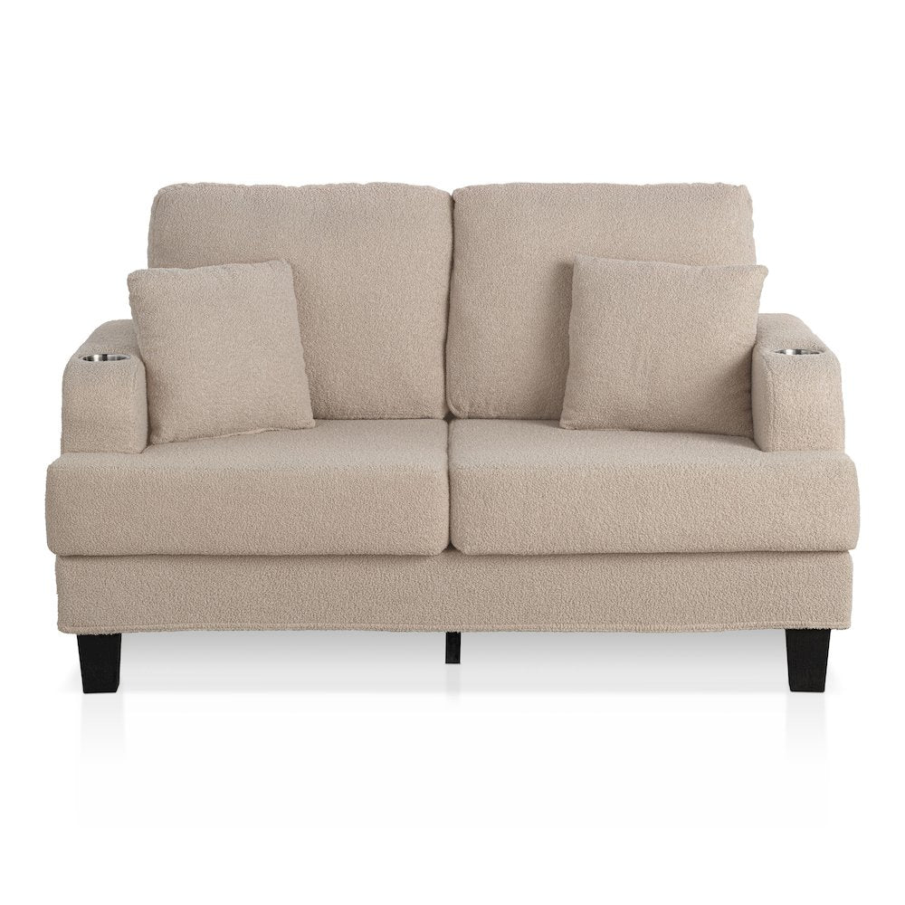 Reese Wood Frame Fabric Loveseat with Cup Holders, Beige