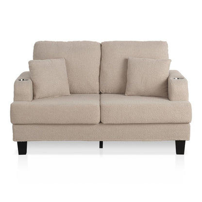 Reese Wood Frame Fabric Loveseat with Cup Holders, Beige