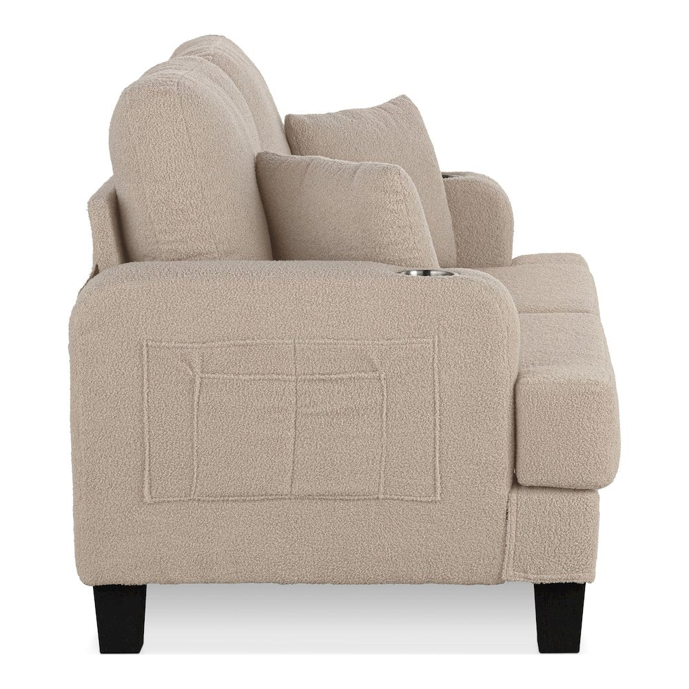 Reese Wood Frame Fabric Loveseat with Cup Holders, Beige