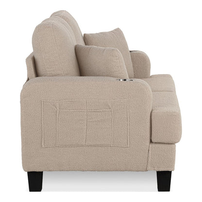 Reese Wood Frame Fabric Loveseat with Cup Holders, Beige
