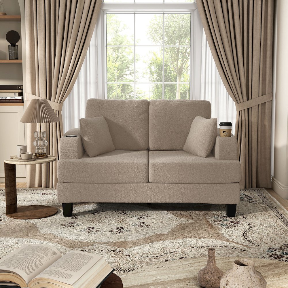 Reese Wood Frame Fabric Loveseat with Cup Holders, Beige