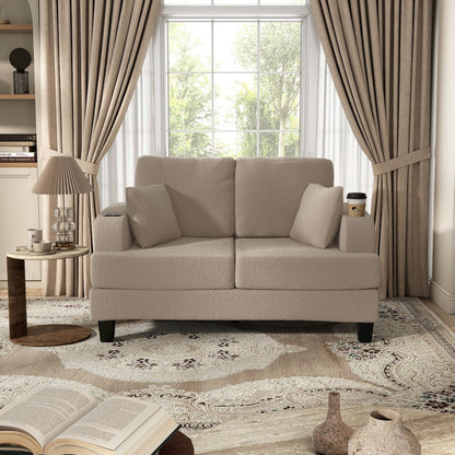 Reese Wood Frame Fabric Loveseat with Cup Holders, Beige