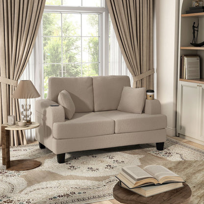 Reese Wood Frame Fabric Loveseat with Cup Holders, Beige
