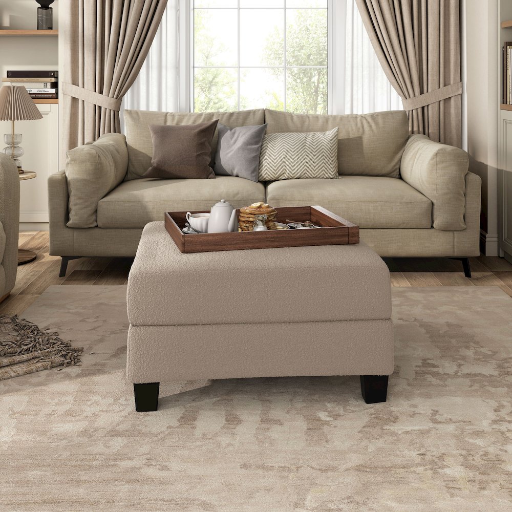Reese Wood Frame Fabric Storage Ottoman, Beige