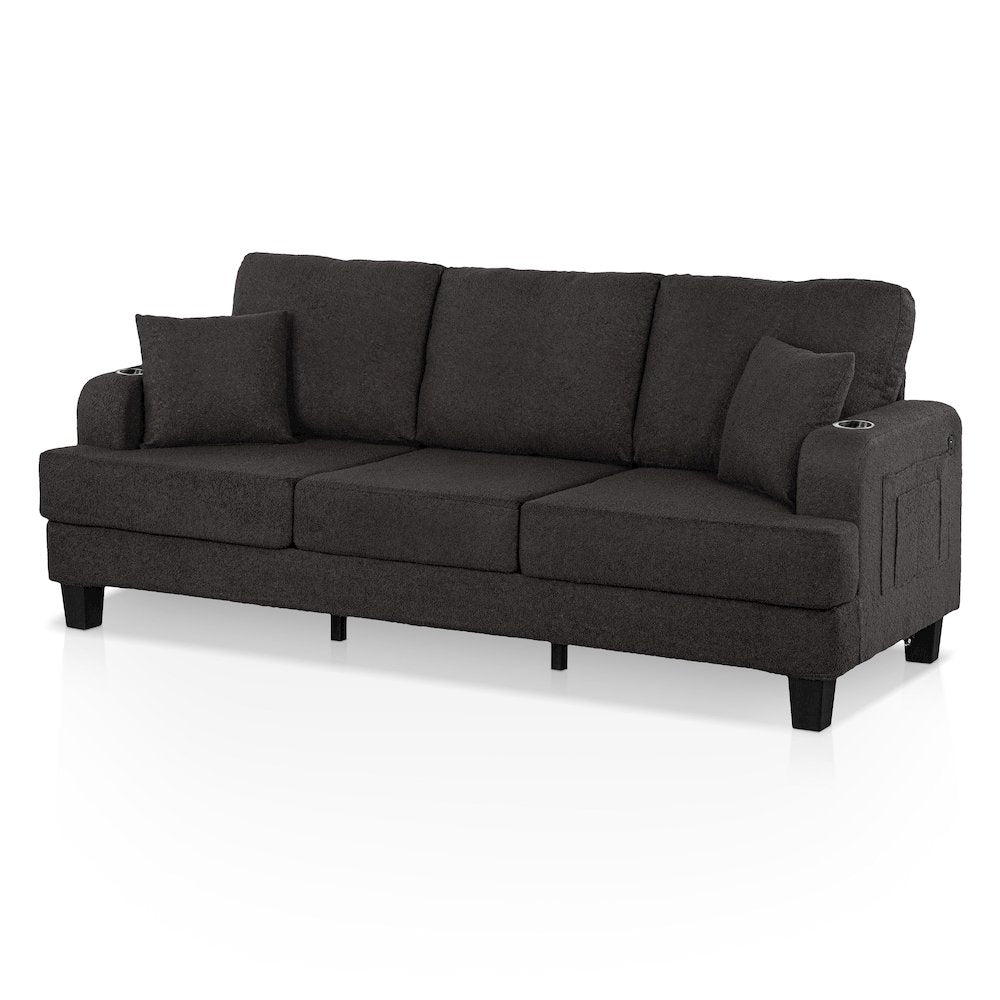 Reese Wood Frame Fabric Sofa with Cup Holders and USBs, Grey
