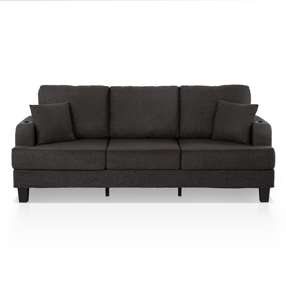 Reese Wood Frame Fabric Sofa with Cup Holders and USBs, Grey