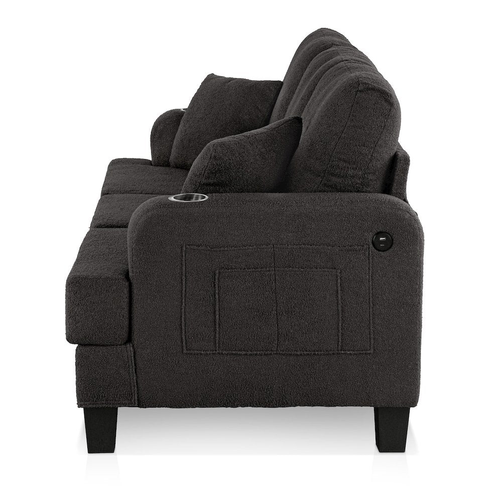 Reese Wood Frame Fabric Sofa with Cup Holders and USBs, Grey