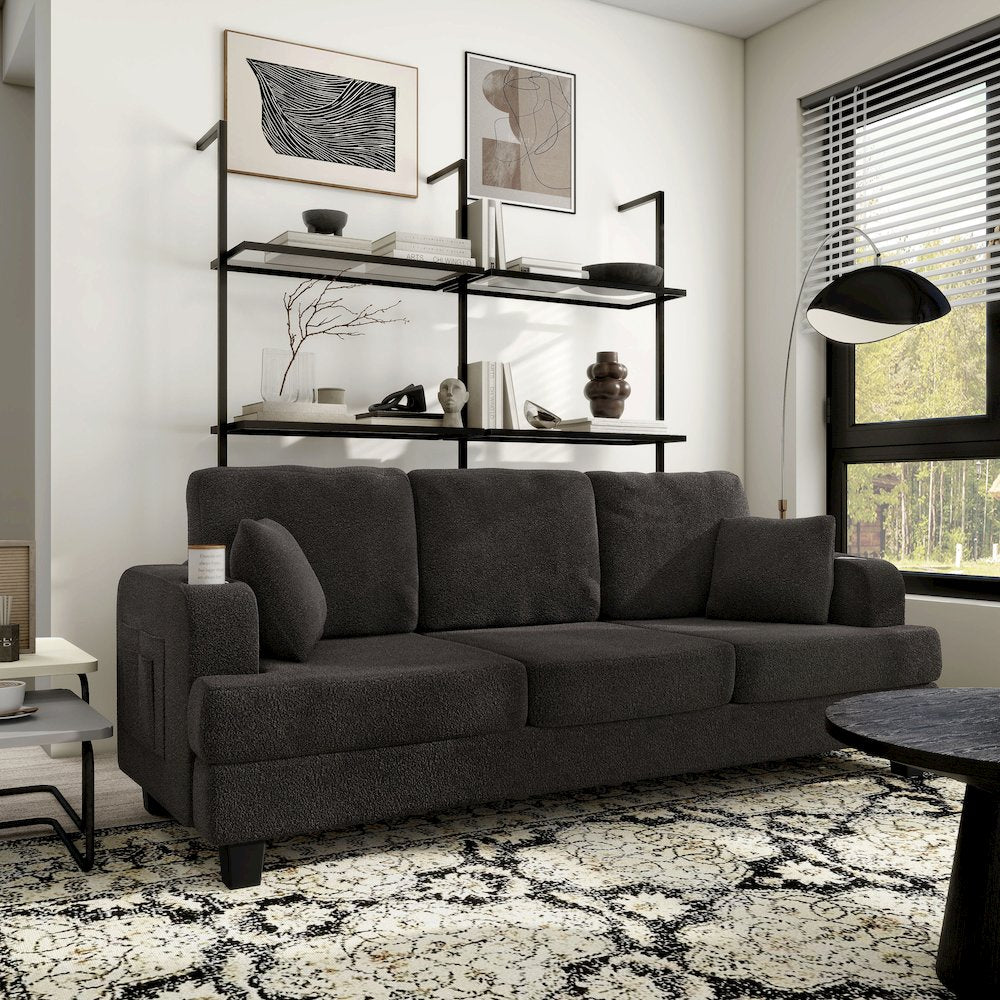 Reese Wood Frame Fabric Sofa with Cup Holders and USBs, Grey