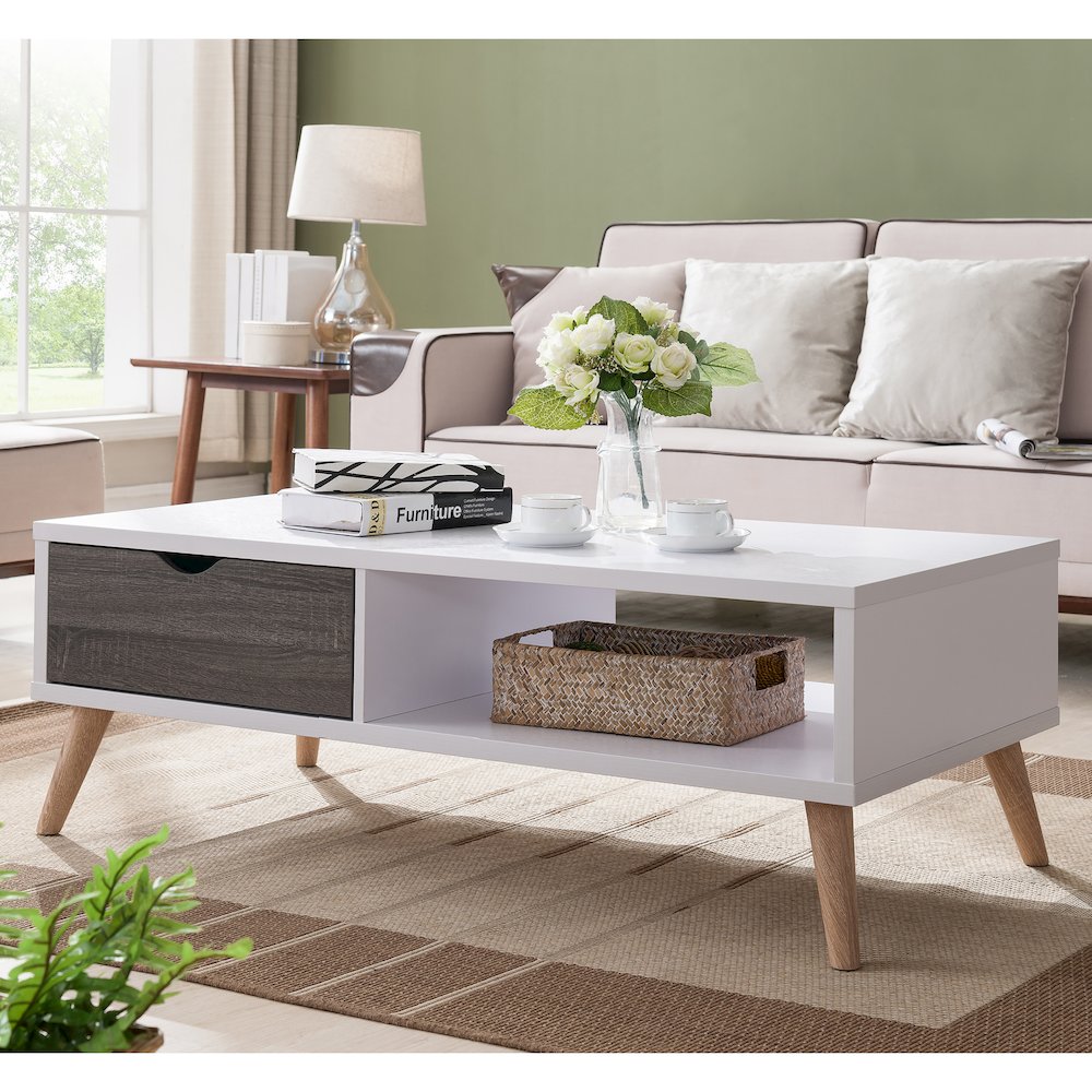 Paulson Wood 1-Drawer Coffee Table in White and Dark Gray