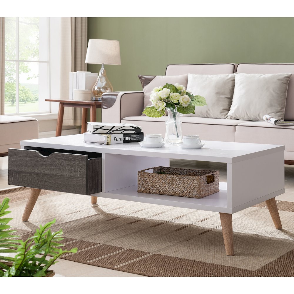 Paulson Wood 1-Drawer Coffee Table in White and Dark Gray