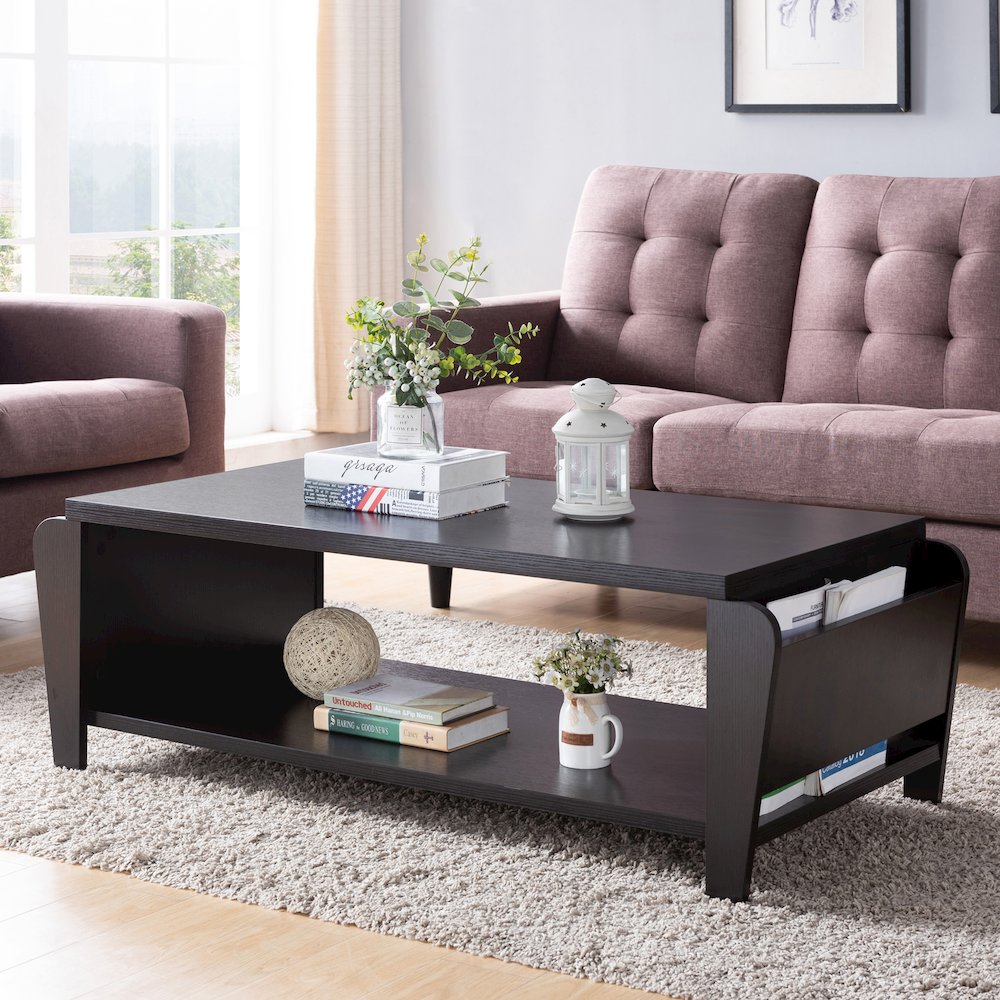 Allium Wood Coffee Table with Magazine Rack in Cappuccino