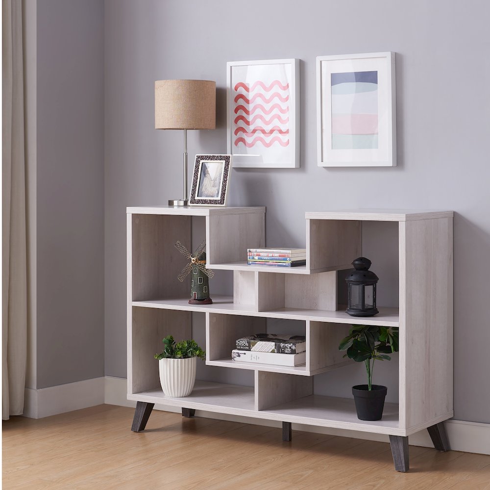 Nova Wood 6-Shelf Display Console Table in White Oak