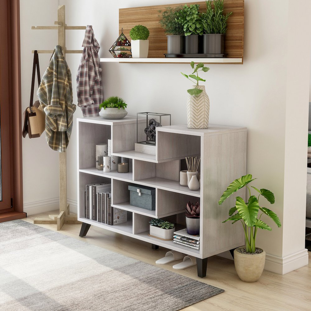 Nova Wood 6-Shelf Display Console Table in White Oak