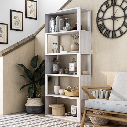 Deini Transitional Wood 5-Shelf Bookcase in White Oak