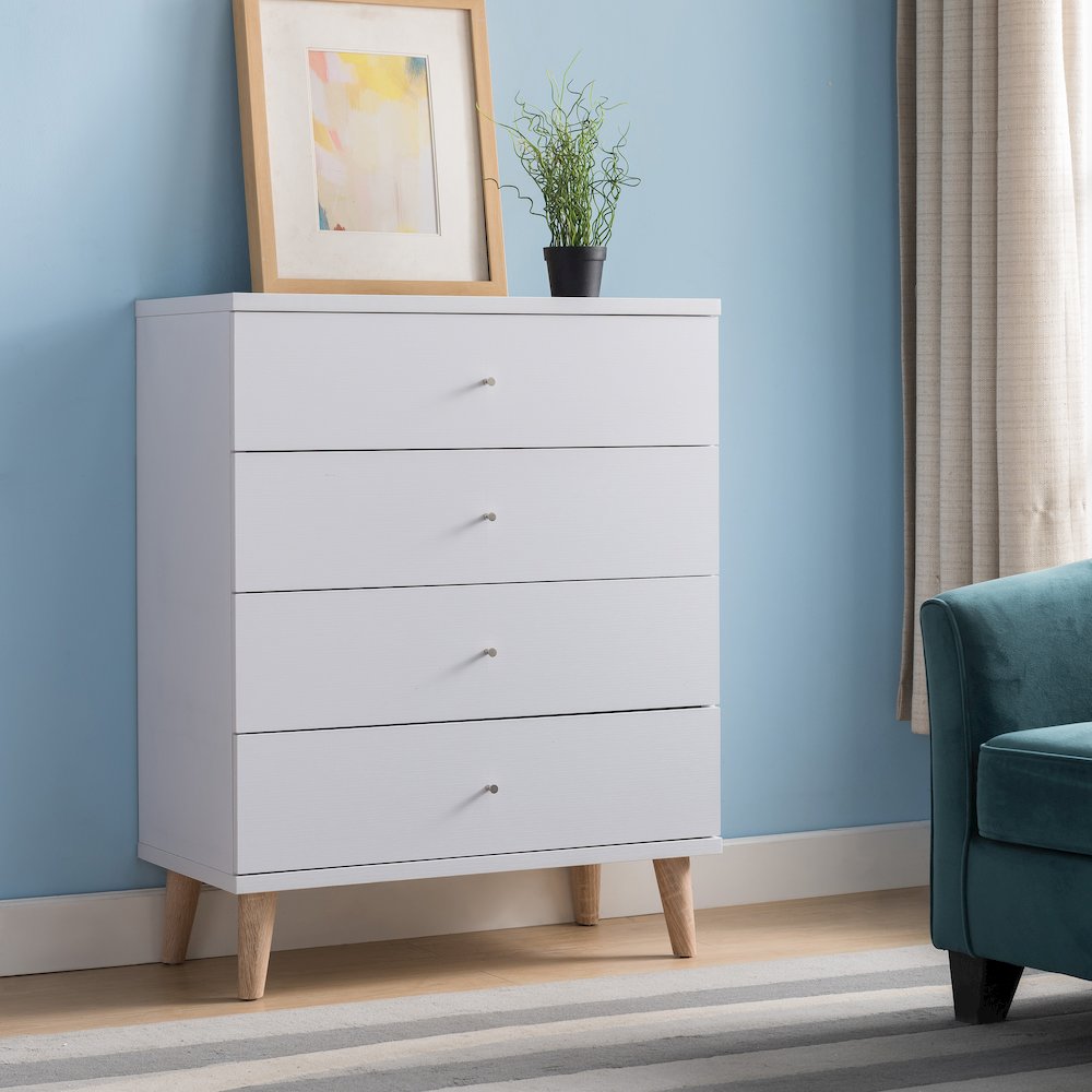 Pives Mid-Century Modern Wood 4-Drawer Chest in White