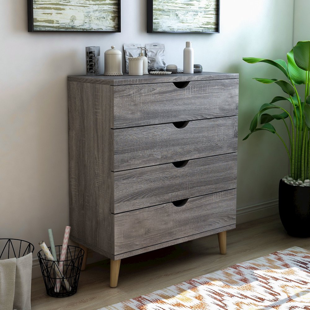 Pives Mid-Century Modern Wood 4-Drawer Chest in Dark Gray