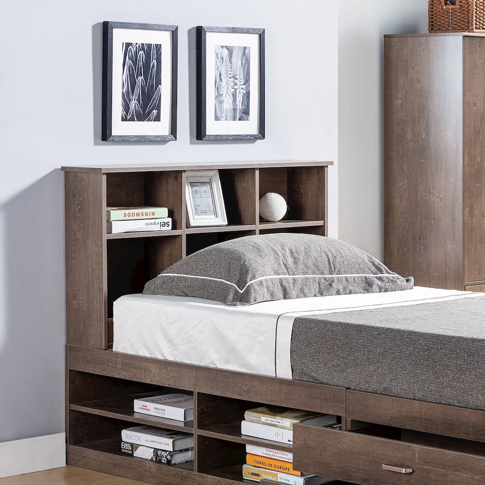 Uster 6-Shelf Wood Twin Bookcase Headboard, Walnut Oak