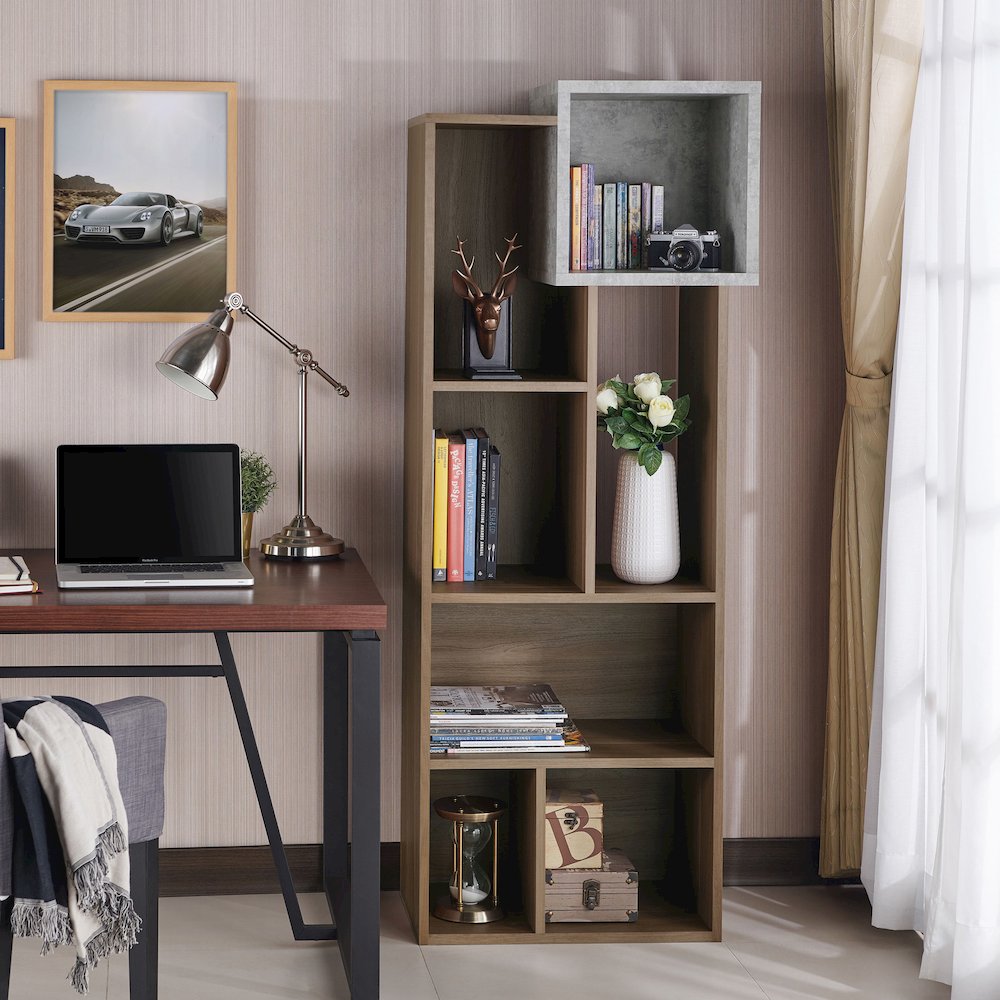 Mulle Contemporary 7-Shelf Geometric Bookcase, Honey Walnut