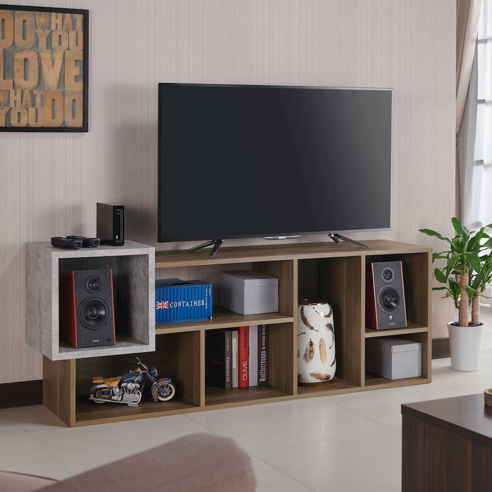 Mulle Contemporary 7-Shelf Geometric Bookcase, Honey Walnut