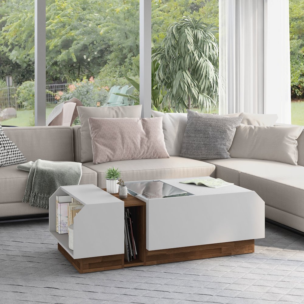 Plano Contemporary Wood Storage Coffee Table in White