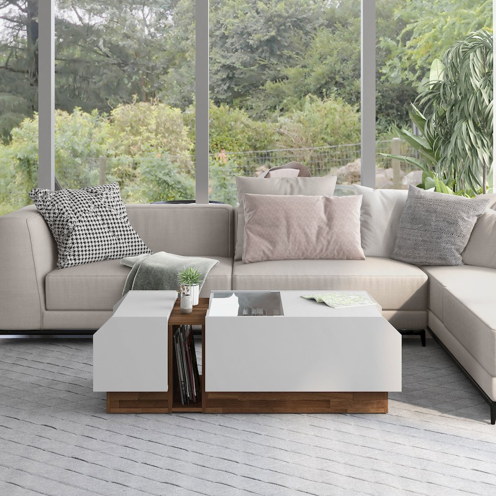 Plano Contemporary Wood Storage Coffee Table in White