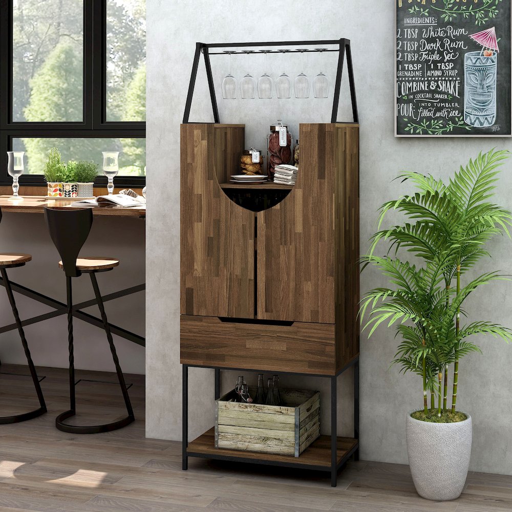 Robble Industrial Wood Wine Cabinet in Light Hickory Brown