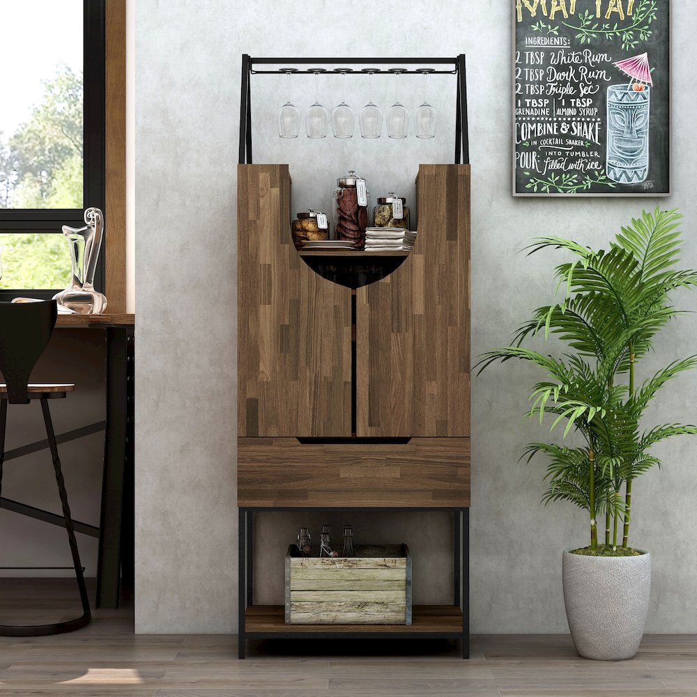 Robble Industrial Wood Wine Cabinet in Light Hickory Brown