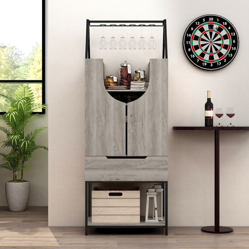 Robble Industrial Wood Wine Cabinet in Vintage Gray Oak