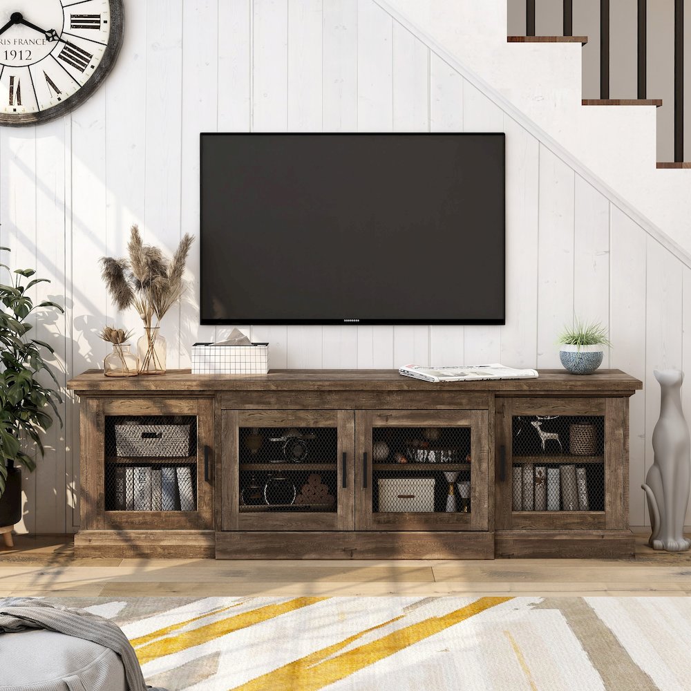 Einez Transitional Wood 6-Shelf TV Stand in Reclaimed Oak