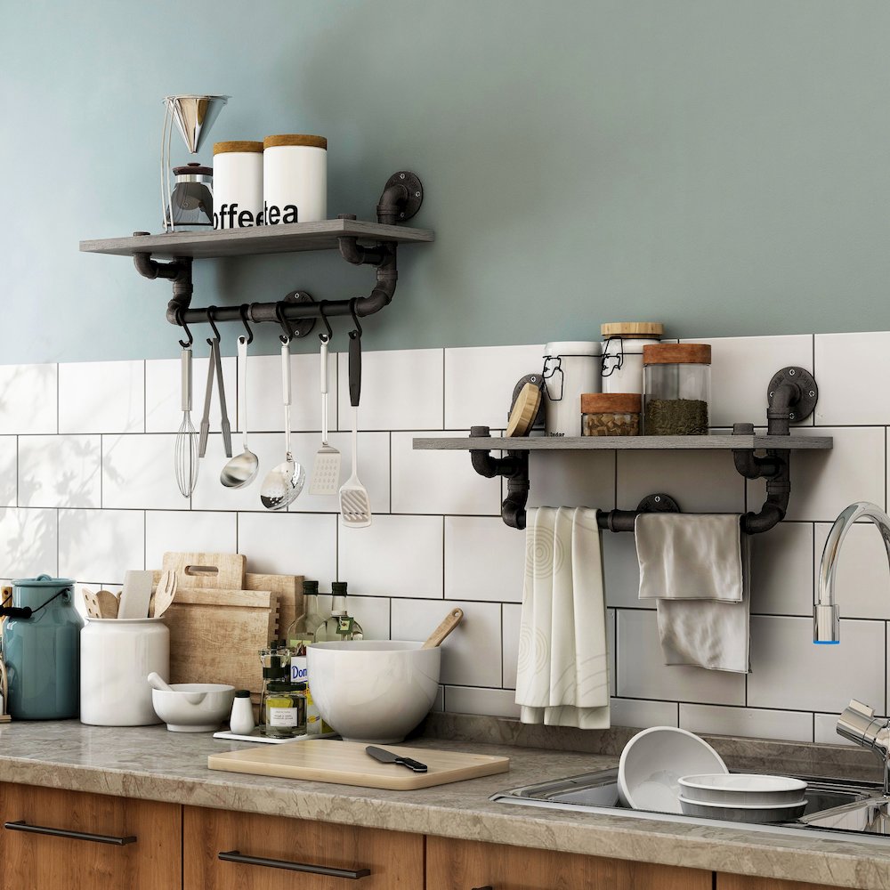 Gren Industrial Metal Floating Shelf in Gray and Black