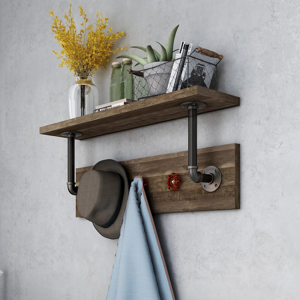 Trent 1-Shelf Wood Reclaimed Oak Decorative Wall Shelf with 3 Hooks
