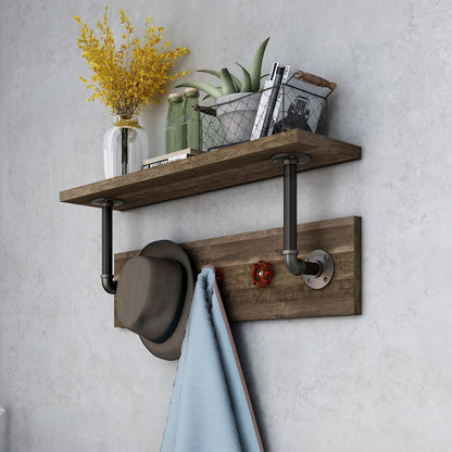 Trent 1-Shelf Wood Reclaimed Oak Decorative Wall Shelf with 3 Hooks