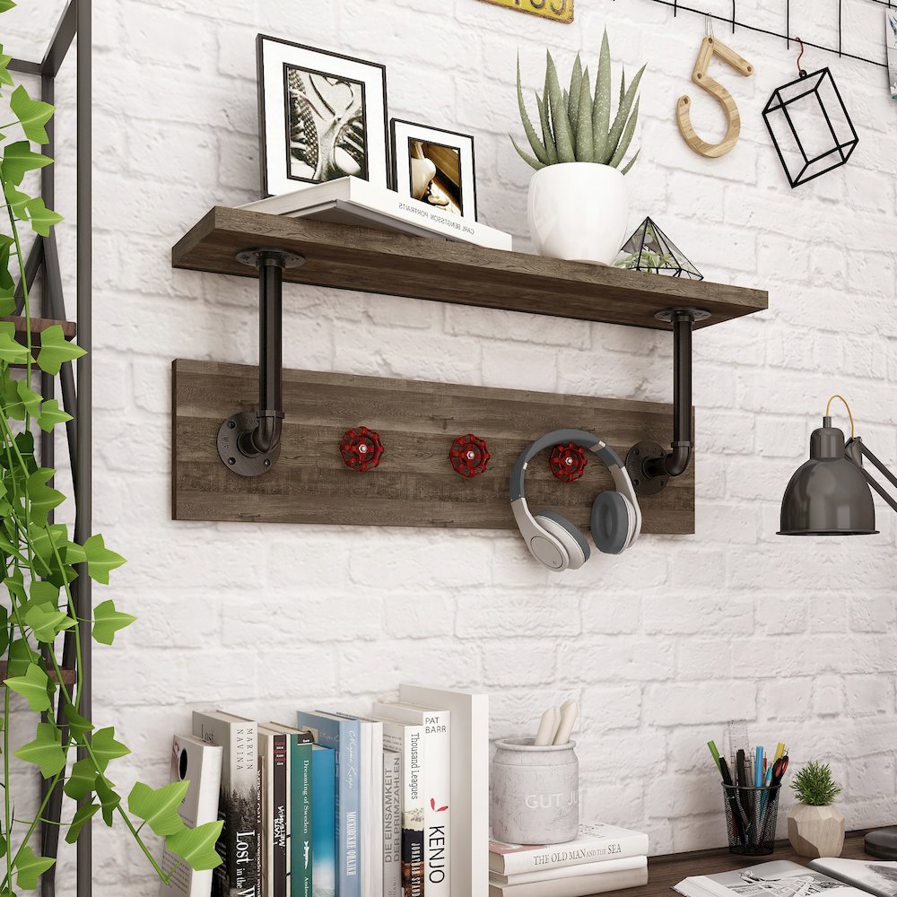 Trent 1-Shelf Wood Reclaimed Oak Decorative Wall Shelf with 3 Hooks