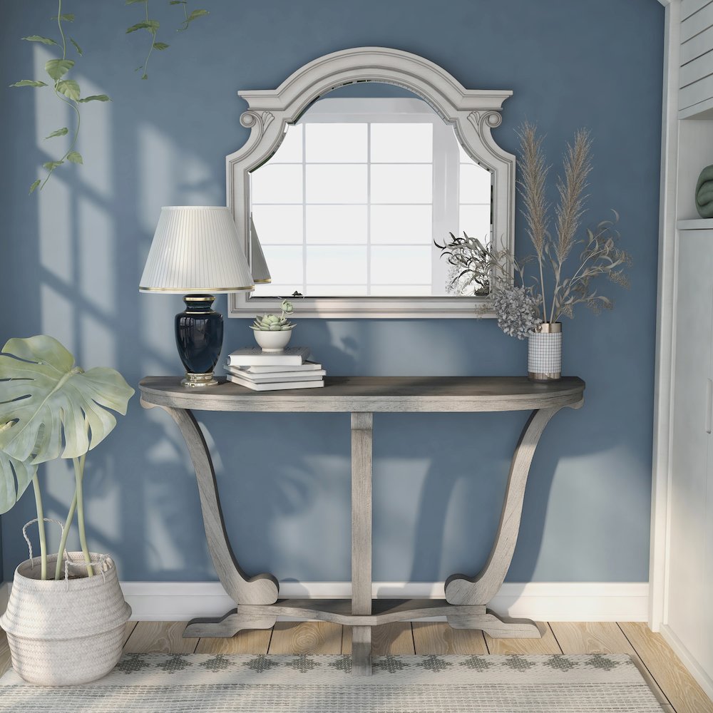 Dongola 47.95 in. Vintage Gray Oak Half Moon Wood Console Table