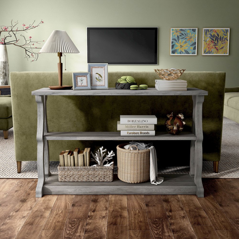 Birch Wood 2-Shelf Console Table in Vintage Gray Oak