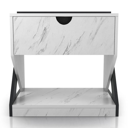 Glanz 24"W Wood 1-Drawer Nightstand in White Marble