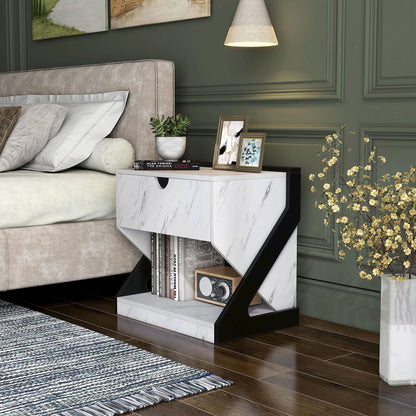 Glanz 24"W Wood 1-Drawer Nightstand in White Marble