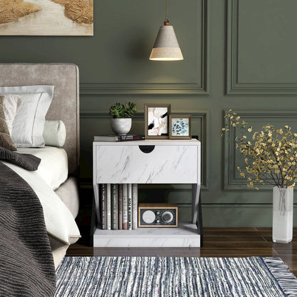 Glanz 24"W Wood 1-Drawer Nightstand in White Marble