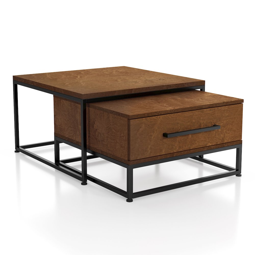 Noote Wood 2-Piece Nesting Tables Set with Drawer in Brown