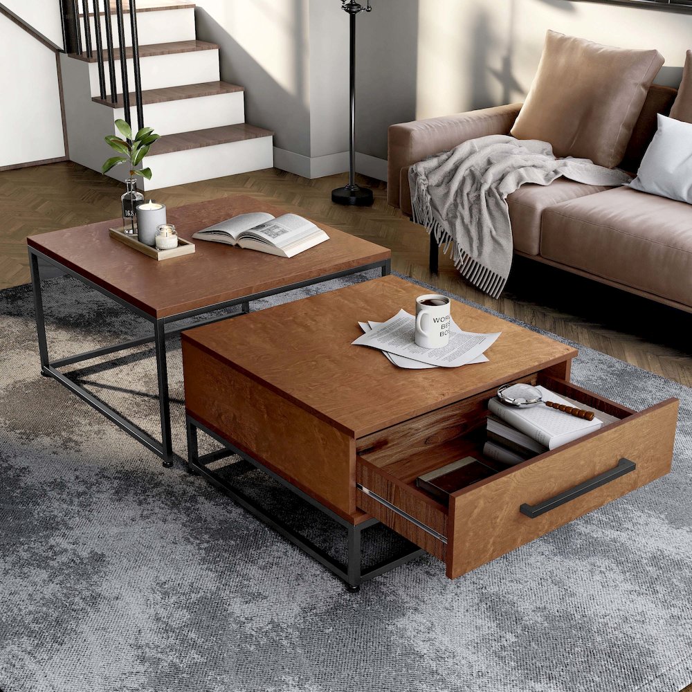 Noote Wood 2-Piece Nesting Tables Set with Drawer in Brown