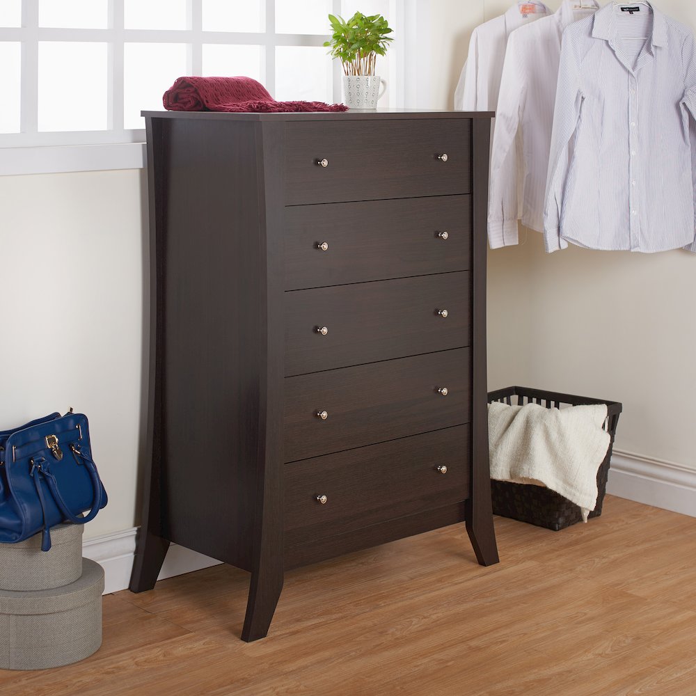Arango Espresso Wood 5 Tall Drawer Dresser Chest