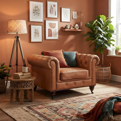 Leather Chesterfield Accent Armchair with Wood Frame, Light Brown