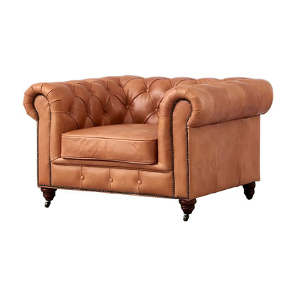 Leather Chesterfield Accent Armchair with Wood Frame, Light Brown