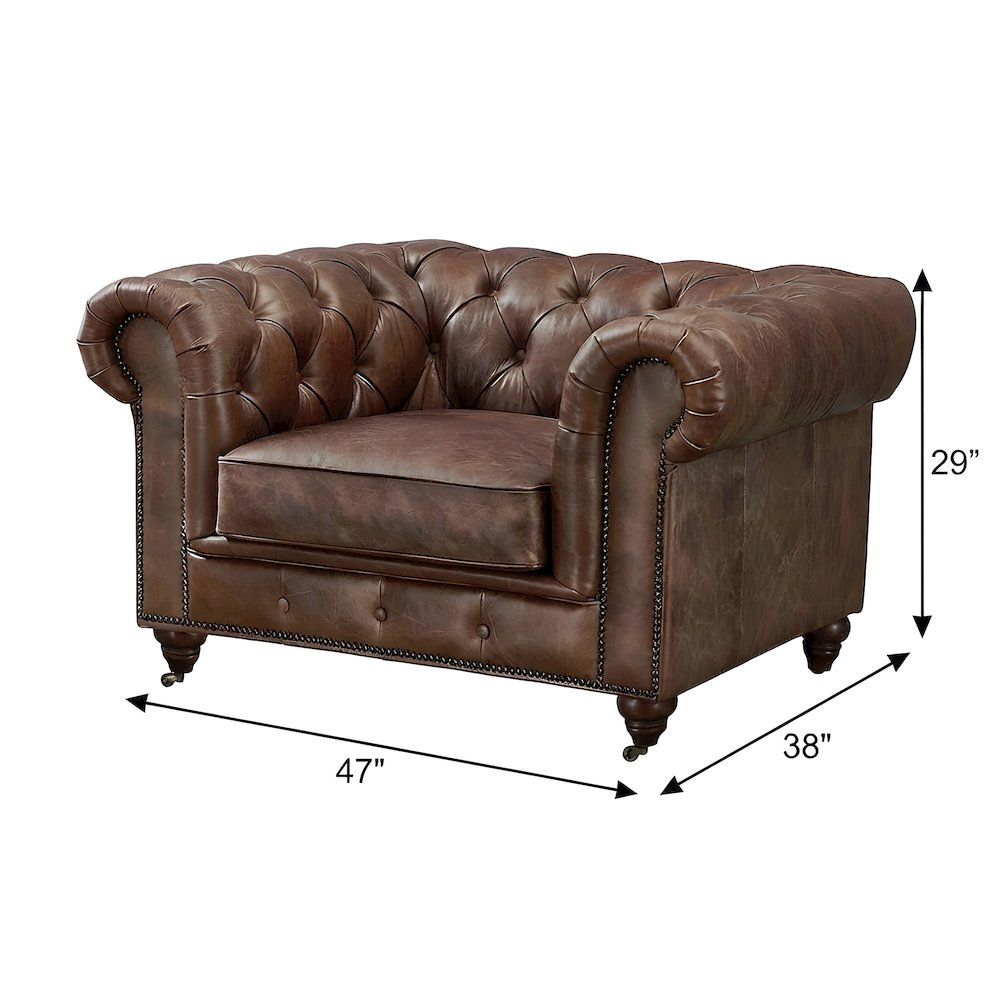 Leather Chesterfield Accent Chair with Solid Wood Frame, Bark Brown